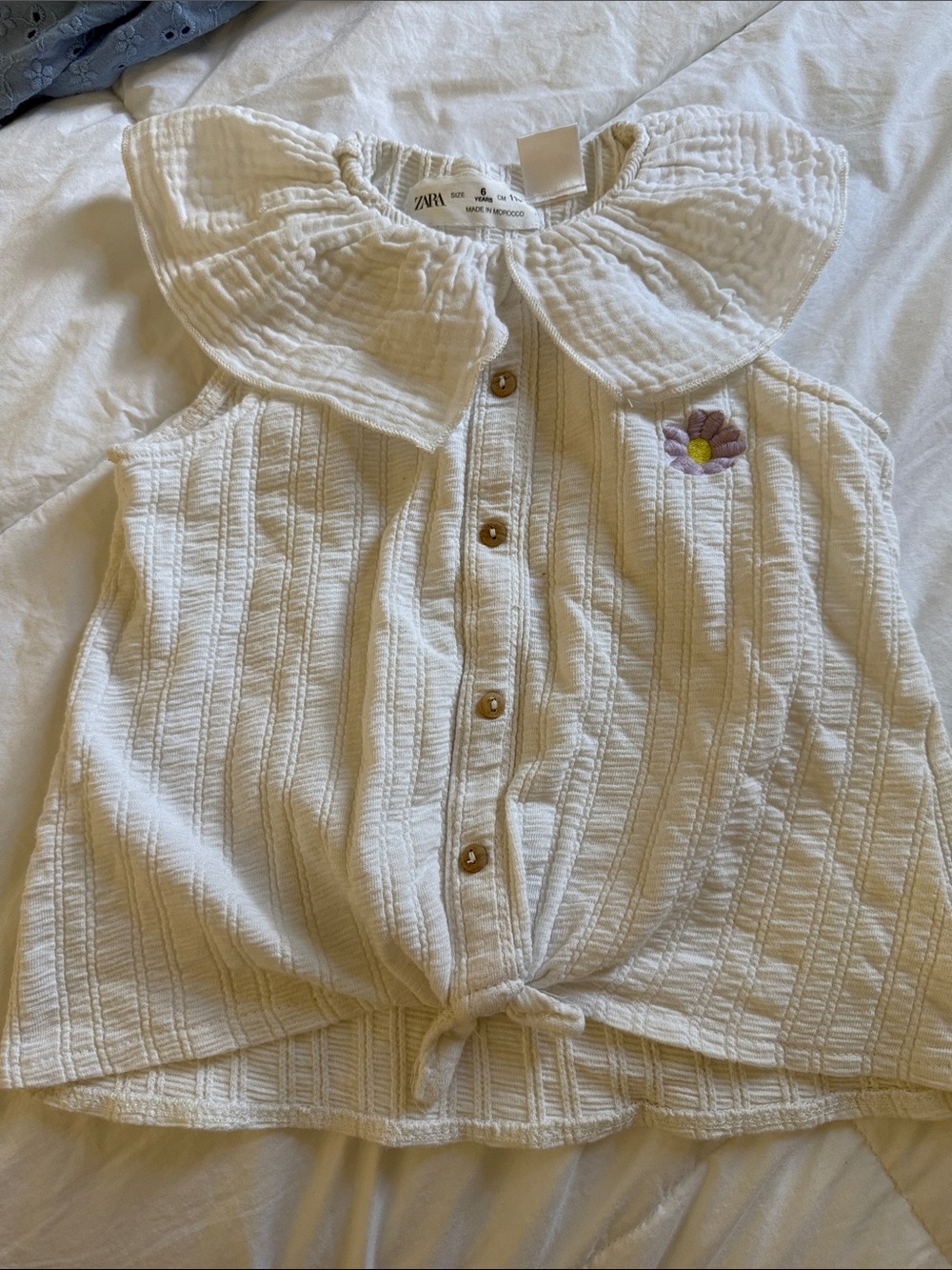 Zara Cream Button-Front Textured Top with Floral Embroidery